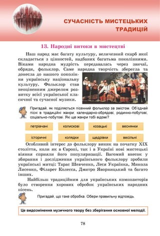 СУЧАСНІСТЬ МИСТЕЦЬКИХ
ТРАДИЦІЙ
13. Народні витоки в мистецтві
Наш народ має багату культуру, величезний скарб якої
складається з цінностей, надбаних багатьма поколіннями.
Віками народна мудрість передавалась через звичаї,
обряди, фольклор. Саме народна творчість зберегла та
донесла до нашого поколін­
ня українську національну
культуру. Фольклор став
неоціненним джерелом роз­
витку всієї української кла­
сичної та сучасної музики.
Пригадай, як поділяється пісенний фольклор за змістом. Об’єднай
пісні в традиційні жанри: календарно-обрядові, родинно-побутові,
соціально-побутові. Я
кі ще жанри тобі відомі?
петрівчані колискові козацькі веснянки
історичні колядки щедрівки весільні
Особливий інтерес до фольклору виник на початку XIX
століття, коли як в Європі, так і в Україні нові мистецькі
віяння сприяли його популяризації. Вагомий внесок у
збирання і дослідження українського фольклору зробили
українські митці: Тарас Шевченко, Леся Українка, Микола
Лисенко, Філарет Колесса, Дмитро Яворницький та багато
інших.
Найбільш традиційним для українських композиторів
було створення хорових обробок українських народних
пісень.
Пригадай, що таке обробка. Обери правильну відповідь.
Це видозмінення музичного твору без зберігання основної мелодії.
78
 