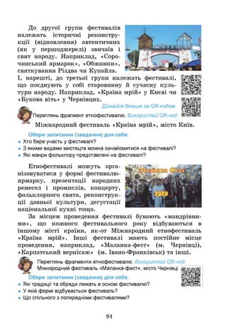До другої групи фестивалів
належать історичні реконстру­
кції (відновлення) автентичних
(як у першоджерелі) звичаїв і
свят народу. Наприклад, «Соро-
чинський ярмарок», «Обжинки»,
святкування Різдва чи Купайла.
І, нарешті, до третьої групи належать фестивалі,
що поєднують у собі старовинну й сучасну куль­
тури народу. Наприклад, «Країна мрій» у Києві чи
«Букова віть» у Чернівцях.
Дізнайся більше за ОН-кодом.
Переглянь фрагмент етнофестивалю. Використай ОН-код.
Міжнародний фестиваль «Країна мрій», місто Київ.
Обери запитання (завдання) для себе.
♦ Хто бере участь у фестивалі?
♦ Зякими видами мистецтв можна ознайомитися на фестивалі?
♦ Я
кі жанри фольклору представлені на фестивалі?
Етнофестивалі можуть орга­
нізовуватися у формі фестивалю-
ярмарку, презентації народних
ремесел і промислів, концерту,
фольклорного свята, реконструк­
ції давньої культури, дегустації
національної кухні тощо.
За місцем проведення фестивалі бувають «мандрівни­
ми», що кожного фестивального року відбуваються в
іншому місті країни, як-от Міжнародний етнофестиваль
«Країна мрій». Інші фестивалі мають постійне місце
проведення, наприклад, «Маланка-фест» (м. Чернівці),
«Карпатський вернісаж» (м. Івано-Франківськ) та інші.
Переглянь фрагменти етнофестивалю. Використай ОН-код.
Міжнародний фестиваль «Маланка-фест», місто Чернівці.
Обери запитання (завдання) для себе.
Я
кі традиції та обряди лежать в основі фестивалю?
Уякій формі відбувається фестиваль?
♦ Щ
о спільного з попередніми фестивалями?
91
 
