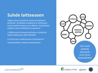 Suhde laitteeseen
Vapaa sana-assosiaatio auttaa kuvaamaan
kehitystä. Vertailkaa suhdettanne laitteeseen
ennen osallistumista ja sen jälkeen. Kirjoittakaa
kaikkien sanat nähtäville sanapilveksi.
1.Mitkä sanat kuvaavat parhaiten suhdettasi
tablet-laitteeseen tällä hetkellä?
2.Entä ennen osallistumista harjoituksiin?
3.Keskustellaan yhdessä havainnoista.
Voit myös
yhdistää
seuraavan
sivun kuva-
harjoitukseen
JÄNNÄ
KAVERI
RENKI
TYÖKALU
IHANA
YHTEYS
KORVAA-
MATON
 