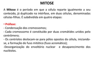 MITOSE
A Mitose é o período em que a célula reparte igualmente a seu
conteúdo, já duplicado na intérfase, em duas células, denominadas
células-filhas. É subdividida em quatro etapas:

• Prófase:
- Condensação dos cromossomos;
- Cada cromossomo é constituído por duas cromátides unidos pelo
centrômero;
- Os centríolos deslocam-se para pólos opostos da célula, iniciando-
se, a formação do fuso mitótico (fuso acromático);
-Desorganização do envoltório nuclear e desaparecimento dos
nucléolos.
 