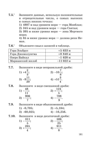 7.5.° Запишите данные, используя положительные
и отрицательные числа, о самых высоких
и самых низких точках:
1) 4807 м над уровнем моря — гора Монблан;
2) 345 м над уровнем моря — гора Святая;
3) 395 м ниже уровня моря — зона Мертвого
моря;
4) 85 м ниже уровня моря — долина реки Не
ман.
7.6.° Объясните смысл записей в таблице.
Гора Эльбрус +5 633 м
Гора Джомолунгма +8 848 м
Озеро Байкал -1 620 м
Марианский желоб -11 022 м
7.7. Запишите в виде неправильной дроби:
1) +4
2
3
; 2) -10
7
8
;
3) -9
11
20
; 4) +51
3
4
.
7.8. Запишите в виде смешанной дроби:
1) -
48
11
; 2) +
124
5
;
3) -
906
7
; 4) -
788
9
.
7.9. Запишите в виде обыкновенной дроби:
1) -0,705; 2) +5,184;
3) -60,025; 4) -16,256.
7.10. Запишите в виде десятичной дроби:
1) -
311
5
; 2) -
506
25
;
3) +
285
4
; 4) -
911
8
.
181
 