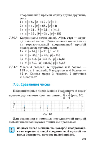 координатной прямой между двумя другими,
если:
1) a b c= = =8 12 6, , ;
2) a b c= = =4 68 1, , ;
3) a b c= = =31 22 15, , ;
4) a b c= = =32 34 18, , ?
7.80.* Координаты точек M(m), N(n), P(p) — отри
цательные числа. Какая из этих точек лежит
на горизонтальной координатной прямой
правее двух других, если:
1) т =14, п =11, р =17;
2) т = 28, п = 25, р = 29;
3) т = 5 5, , п = 5 8, , р = 5 6, ;
4) т = 8 2, , п = 8 6, , р = 8 5, ?
7.81.* Масса 4 гвоздей, 5 шурупов и 8 болтов —
133 г, а 2 гвоздей, 3 шурупов и 4 болтов —
67 г. Какова масса 3 гвоздей, 7 шурупов
и 6 болтов?
7.6. Сравнение чисел
Положительные числа можно сравнивать с помо
щью координатного луча, например,
2
5
5
4
< (рис. 70).
Для сравнения с помощью координатной прямой
любых чисел пользуются таким же правилом:
из двух чисел меньше то, которое изображает
ся на горизонтальной координатной прямой ле
вее, а больше то, которое на ней правее.
201
221100
OO
5
4
5
4
2
5
2
5
Рис. 70
 
