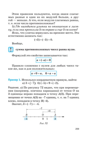 Этим правилом пользуются, когда знаки слагае
мых разные и один из их модулей больше, а дру
гой — меньше. А что, если модули слагаемых равны,
т. е. если числа противоположные?
5) Где находится улитка по отношению к лист
ку, если она проползла 3 см вправо и еще 3 см влево?
Ясно, что улитка вернулась на прежнее место. Это
естественно записать так:
( ) ( )+ + - =3 3 0.
Вообще,
сумма противоположных чисел равна нулю.
Формулой это свойство записывается так:
a a+ - =( ) 0
Правило сложения с нулем для любых чисел та
кое же, как и для положительных:
a a+ =0 , 0 + =a a
Пример 1. Используя координатную прямую, найти:
а) ( )3 7+ – ; б) ( ) ( )- + + -5 9 2 .
Решение. а) По рисунку 72 видно, что при перемеще
нии (например, кончика карандаша) от точки O на
3 единицы вправо попадаем в точку A(3). При пере
мещении от точки A(3) на -7 единиц, т. е. на 7 единиц
влево, попадаем в точку B(-4).
Значит, 3 7 4+ - = -( ) .
209
BB OO AA
-7
+3
-4 30 1
Рис. 72
 