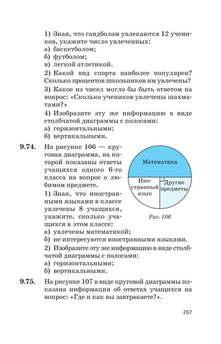1) Зная, что гандболом увлекаются 12 учени
ков, укажите число увлеченных:
а) баскетболом;
б) футболом;
в) легкой атлетикой.
2) Какой вид спорта наиболее популярен?
Сколько процентов школьников им увлечены?
3) Какое из чисел могло бы быть ответом на
вопрос: «Сколько учеников увлечены шахма
тами?»
4) Изобразите эту же информацию в виде
столбчатой диаграммы с полосами:
а) горизонтальными;
б) вертикальными.
9.74. На рисунке 106 — кру
говая диаграмма, на ко
торой показаны ответы
учащихся одного 6 го
класса на вопрос о лю
бимом предмете.
1) Зная, что иностран
ными языками в классе
увлечены 8 учащихся,
укажите, сколько уча
щихся в этом классе:
а) увлечены математикой;
б) не интересуются иностранными языками.
2) Изобразите эту же информацию в виде столб
чатой диаграммы с полосами:
а) горизонтальными;
б) вертикальными.
9.75. На рисунке 107 в виде круговой диаграммы по
казана информация об ответах учащихся на
вопрос: «Где и как вы завтракаете?».
267
Математика
Ино
странный
язык
Ино
странный
язык
Другие
предметы
Рис. 106
 