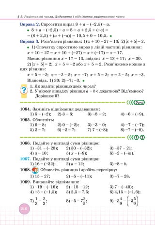 § 5. Раціональні числа. Додавання і віднімання раціональних чисел
210
Вправа 2. Спростити вираз 8 + а – (–2,5) – а.
8 + а – (–2,5) – а = 8 + а + 2,5 + (–а) =
= (8 + 2,5) + (а + (–а)) = 10,5 + 0 = 10,5.
Вправа 3. Розв’язати рівняння: 1) х + 10 – 27 = 13; 2) |х + 5| = 2.
1) Спочатку спростимо вираз у лівій частині рівняння:
х + 10 – 27 = х + 10 + (–27) = х + (–17) = х – 17.
Маємо рівняння х – 17 = 13, звідки: х = 13 + 17; х = 30.
2) |х + 5| = 2; х + 5 = –2 або х + 5 = 2. Розв’яжемо кожне з
цих рівнянь:
х + 5 = –2; х = –2 – 5; х = –7; х + 5 = 2; х = 2 – 5; х = –3.
Відповідь. 1) 30; 2) –7; –3.
1. Як знайти різницю двох чисел?
2. У якому випадку різниця а – b є додатною? Від’ємною?
Дорівнює 0?
1064.		 Замініть віднімання додаванням:
1) 5 – (–2); 2) 3 – 6; 3) –8 – 2; 			 4) –6 – (–9).
1065.		 Обчисліть:
1) 0 – 8; 2) 0 – (–2); 3) –3 – 0; 			 4) –7 – (–7);
5) 2 – 7; 6) –2 – 7; 7) 7 – (–8); 			 8) –7 – (–8).
2
.
1066.		 Подайте у вигляді суми різницю:
1) –31 – (–28); 		 2) 50 – (–32); 			 3) –37 – 21;
4) а – 10; 			 5) х – (–9); 				 6) –2 – (–m).
1067.		 Подайте у вигляді суми різницю:
1) 16 – (–32); 		 2) а – 12; 					 3) –8 – b.
1068. Обчисліть різницю і зробіть перевірку:
1) 15 – 27; 			 2) –5 – (–11); 			 3) –7 – 28.
1069. Виконайте віднімання:
1) –19 – (–16); 		 2) –18 – 12; 			 3) 7 – (–40);
4) –5 – (–1,5); 		 5) 2,5 – 7,5; 			 6) 4,15 – (–1,6);
7)
1
3
–
2
3
; 			 8) –5 – 7
2
5
;					 9) –3
4
9
– –3
5
9
.
 
