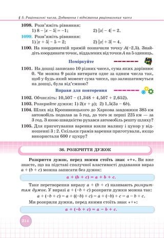 § 5. Раціональні числа. Додавання і віднімання раціональних чисел
214
1098.		 Розв’яжіть рівняння:
1) 8 – |x – 5| = –1; 				 2) ||x| – 4| = 2.
1099. Розв’яжіть рівняння:
1) |x + 5| – 5 = 2; 				 2) ||x| + 3| = 4.
1100. На координатній прямій позначили точку А(–2,5). Знай-
дітькоординатиточок,віддаленихвідточкиАна5одиниць.
Поміркуйте
1101. На дошці записано 10 різних чисел, сума яких дорівнює
0. Чи можна 9 разів витирати одне за одним числа так,
щоб у будь-який момент сума чисел, що залишатимуться
на дошці, була від’ємною?
Вправи для повторення
1102. Обчисліть: 10,507 – (1,348 + 4,507 + 2,652).
1103. Розкрийте дужки: 1) 2(х + у); 2) 1,5(2а – 6b).
1104. Шлях від Кропивницького до Харкова завдовжки 385 км
автомобіль подолав за 5 год, до того ж перші 225 км — за
3 год. З якою швидкістю рухався автомобіль решту шляху?
1105. Для приготування варення взяли малину і цукор у від-
ношенні 3 : 2. Скільки грамів варення приготували, якщо
використали 600 г цукру?
36. РОЗКРИТТЯ ДУЖОК
Розкриття дужок, перед якими стоїть знак «+». Ви вже
знаєте, що на підставі сполучної властивості додавання вираз
a + (b + c) можна записати без дужок:
a + (b + c) = a + b + c.
Таке перетворення виразу a + (b + c) називають розкрит-
тям дужок. У виразі a + (–b + c) розкрити дужки можна так:
a + (–b + c) = a + ((–b) + c) = a + (–b) + c = a – b + c.
Ми розкрили дужки, перед якими стоїть знак «+»:
a + (–b + c) = a – b + c.
 