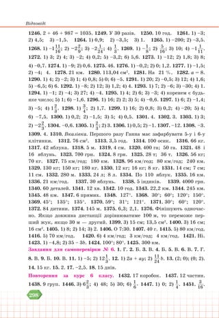 Відповіді
298
1246. 2 + 46 + 987 = 1035. 1249. У 30 разів. 1250. 10 год. 1261. 1) –3;
2) 4,5; 3) –1,5. 1264. 1) 0,9; 2) –3,5; 3) 1. 1265. 1) –200; 2) –3,5.
1268. 1) –111
16
; 2) –22
9
; 3) –2 1
24
; 4) 1
3
. 1269. 1) –1
8
; 2) 5
16
; 3) 10; 4) –1 1
11
.
1272. 1) 3; 2) 4; 3) –2; 4) 0,2; 5) –3,2; 6) 5,6. 1273. 1) –12; 2) 1,8; 3) 8;
4) –0,7. 1274. 1) –9; 2) 0,6. 1275. 46. 1276. 1) –0,2; 2) 0; 1,2. 1277. 1) –1,5;
2) –4; 4. 1278. 21 км. 1280. 113,04 см2
. 1281. На 21 %. 1282. а = 8.
1290. 1) 4; 2) –2; 3) 1; 4) 0,8; 5) 0; 6) –5. 1291. 1) 20; 2) –0,5; 3) 12; 4) 1,6;
5) –6,5; 6) 6. 1292. 1) –8; 2) 12; 3) 1,2; 4) 4. 1293. 1) 7; 2) –6; 3) –30; 4) 1.
1294. 1) –1; 2) –4; 3) 27; 4) –4. 1295. 1) 4; 2) 6; 3) –3; 4) коренем є будь-
яке число; 5) 1; 6) –1,6. 1296. 1) 16; 2) 2; 3) 5; 4) –0,6. 1297. 1) 6; 2) –1,4;
3) –5; 4) 12
3
. 1298. 1) 3
4
; 2) 1,7. 1299. 1) 16; 2) 0,8; 3) 0,2; 4) –20; 5) 4;
6) –7,5. 1300. 1) 0,2; 2) –1,5; 3) 5; 4) 0,5. 1301. 4. 1302. 3. 1303. 1) 3;
2) –22
3
. 1304. –0,6. 1305. 1) 2
3
; 2) 3. 1306. 1) 0,5; 2) –1. 1307. –12. 1308. –3.
1309. 4. 1310. Вказівка. Першого разу Ганна має зафарбувати 5-у і 6-у
клітинки. 1312. 76 см2
. 1313. 3,5 год. 1314. 100 осик. 1316. 66 кг.
1317. 42 яблука. 1318. 5 м. 1319. 4 см. 1320. 400 га; 50 га. 1321. 48 і
16 яблунь. 1323. 700 грн. 1324. 8 грн. 1325. 28 т; 36 т. 1326. 56 кг;
70 кг. 1327. 75 км/год; 180 км. 1328. 96 км/год; 80 км/год; 240 км.
1329. 130 кг; 150 кг; 180 кг. 1330. 12 кг; 16 кг; 8 кг. 1331. 14 см; 7 см;
11 см. 1332. 280 м. 1333. 24 л; 8 л. 1334. По 110 яблук. 1335. 16 км.
1336. 21 км/год. 1337. 30 яблунь. 1338. 5 індиків. 1339. 4000 грн.
1340. 60 деталей. 1341. 12 хв. 1342. 10 год. 1343. 22,2 км. 1344. 245 км.
1345. 48 км. 1347. 6 прямих. 1348. 127°. 1368. 30°; 60°; 120°; 150°.
1369. 45°; 135°; 135°. 1370. 59°; 31°; 121°. 1371. 30°; 60°; 120°.
1372. 84 дитини. 1374. 145 м. 1375. 6,3; 2,1. 1376. Фінішують одночас-
но. Якщо довжина дистанції дорівнюватиме 100 м, то переможе пер-
ший жук, якщо 30 м — другий. 1399. 3) 15 см; 13,5 см2
. 1400. 3) 16 см;
16 см2
. 1405. 1) 8; 2) 14; 3) 2. 1406. О 7:30. 1407. 40 г. 1415. 5) 80 км/год.
1416. 5) 70 км/год. 1420. 6) 4 км/год; 3 км/год; 4 км/год. 1421. Ні.
1423. 1) –4,8; 2) 35 – 3b. 1424. 100°; 80°. 1425. 300 км.
Завдання для самоперевірки № 6. 1. Г. 2. Б. 3. В. 4. Б. 5. В. 6. В. 7. Г.
8. В. 9. Б. 10. В. 11. 1) –5; 2) 121
3
. 12. 1) 2а + ау; 2) 11
24
b. 13. (2; 0); (0; 2).
14. 15 кг. 15. 2. 17. –2,5. 18. 15 днів.
Повторення за курс 6 класу. 1432. 17 коробок. 1437. 12 частин.
1438. 9 груп. 1446. 3) 62
3
; 4) 48; 5) 30; 6) 1
6
. 1447. 1) 0; 2) 1
4
. 1451. 3
16
.
 