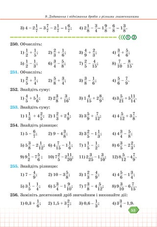53
9. Додавання і віднімання дробів з різними знаменниками
3) 4 – 2
1
7
= 3
7
7
– 2
1
7
= 1
6
7
;		4) 2
1
8
–
3
4
= 1
9
8
–
6
8
= 1
3
8
.
250. Обчисліть:
1)
1
2
+
1
5
; 2)
2
3
+
1
6
;		3)
4
9
+
2
3
;			4)
3
4
+
5
6
;
5)
1
2
–
1
3
; 6)
3
4
–
5
8
;		7)
2
5
–
4
15
;			8)
7
10
–
8
15
.
251. Обчисліть:
1)
2
5
+
1
4
; 2)
5
8
+
3
4
;		3)
3
8
–
1
6
;			4)
5
6
–
7
9
.
252. Знайдіть суму:
1)
4
5
+ 5
1
6
; 2) 2
3
8
+
3
16
;		 3) 1
4
15
+ 2
8
9
;		 4) 3
5
21
+ 5
11
14
.
253. Знайдіть суму:
1) 1
1
3
+ 4
2
5
; 2) 1
2
3
+ 2
4
9
;		 3) 3
5
9
+
7
12
;		 4) 4
5
12
+ 3
7
8
.
254. Знайдіть різницю:
1) 5 –
6
7
; 2) 9 – 4
3
8
;		 3) 3
2
5
– 1
1
3
;		 4) 4
3
4
–
5
8
;
5) 5
3
8
– 2
1
12
; 6) 4
7
15
– 1
1
6
;		 7) 1
1
5
–
1
2
;			8) 6
3
5
– 2
2
3
;
9) 9
1
2
– 7
5
6
; 10) 7
2
5
– 2
11
20
;		 11) 2
3
25
– 1
3
10
;		 12) 8
5
12
– 4
7
9
.
255. Знайдіть різницю:
1) 7 –
4
9
; 2) 10 – 3
5
8
;		 3) 1
2
3
–
4
9
;			4) 4
5
6
– 1
3
4
;
5) 3
1
5
–
1
4
; 6) 5
3
4
– 1
9
10
;		 7) 7
3
8
– 4
5
12
;		 8) 9
3
10
– 6
7
15
.
256. Замініть десятковий дріб звичайним і виконайте дії:
1) 0,3 +
1
6
; 2) 1,5 + 3
2
7
;		 3) 0,6 –
1
3
;			4) 3
3
4
– 1,9.
 