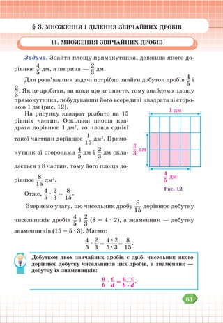 63
§ 3. МНОЖЕННЯ І ДІЛЕННЯ ЗВИЧАЙНИХ ДРОБІВ
11. МНОЖЕННЯ ЗВИЧАЙНИХ ДРОБІВ
Задача. Знайти площу прямокутника, довжина якого до-
рівнює
4
5
дм, а ширина —
2
3
дм.
Для розв’язання задачі потрібно знайти добуток дробів
4
5
і
2
3
. Як це зробити, ви поки що не знаєте, тому знайдемо площу
прямокутника, побудувавши його всередині квадрата зі сторо-
ною 1 дм (рис. 12).
На рисунку квадрат розбито на 15
рівних частин. Оскільки площа ква-
драта дорівнює 1 дм2
, то площа однієї
такої частини дорівнює
1
15
дм2
. Прямо-
кутник зі сторонами
4
5
дм і
2
3
дм скла-
дається з 8 частин, тому його площа до-
рівнює
8
15
дм2
.
Отже,
4
5
∙
2
3
=
8
15
.
Звернемо увагу, що чисельник дробу
8
15
дорівнює добутку
чисельників дробів
4
5
і
2
3
(8 = 4 ∙ 2), а знаменник — добутку
знаменників (15 = 5 ∙ 3). Маємо:
4
5
∙
2
3
=
4 ∙ 2
5 ∙ 3
=
8
15
.
Добутком двох звичайних дробів є дріб, чисельник якого
дорівнює добутку чисельників цих дробів, а знаменник —
добутку їх знаменників:
a
b
∙
c
d
=
a ∙ c
b ∙ d
.
1 дм
2
3
дм
4
5
дм
Рис. 12
 