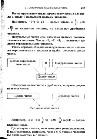 Все натуральные числа, противоположные им чис­
ла и число 0 называют целыми числами.
Например, -7 7 ; 0; 12 — целые числа, а —; 2,6;
3
18
—— не являются целыми, их называют дробными
числами.
Натуральные числа ещё называют целыми положи­
тельными числами. Числа -1 ; -2 ; -3 ; ... называют це­
лыми отрицательными числами.
Таким образом, объединив натуральные числа с целы­
ми отрицательными числами и нулём, получаем целые
числа.
31. Целые числа. Рациональные числа 247
Целые отрицатель- | !
ные числа I ®
Натуральные числа |
Г /
__Ч____4____/
|Целые числа |
Объединив целые числа с дробными, получим рацио­
нальные числа:
Целые числа і ! Дробные числа
! !
”  . .
1Рациональные числа!
Например, 1; 2; -1 0 ; 0; -2 ,9 ; 5,(34) — рацио-
и а
нальные числа.
Существуют и числа, не являющиеся рациональными.
К ним относится, например, число п. С такими числами
ВЫ познакомитесь в 8 классе.
 
