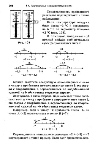 266 §4. Рациональные числа идействия с ними
Справедливость записанного
равенства подтверждают и такие
наблюдения.
Если темцература воздуха
была равна -3 °С и повысилась
на 5 °С, то термометр покажет
+2 °С (рис. 103).
С пом ощ ью координатной
прямой найдём ещё несколько
сумм рациональных чисел:
+3
О
-3 + 3 = 0
-2,5 0 3,5
-2,5+ 6 = 3,5
+3,5
-6 -2,5 О
-6 + 3,5 = -2,5
Можно заметить следующую закономерность: если
к числу а прибавить положительное число Ъ, то точ­
ка с координатой а переместится по координатной
прямой на Ь единичных отрезков вправо.
Этот вывод, в свою очередь, подсказывает такое свой­
ство: если к числу а прибавить отрицательное число Ъ,
то точка с координатой а переместится по коорди­
натной прямой на -Ь единичных отрезков влево.
Например, если к числу -2 прибавить число -5 , то
точка А (-2 ) переместится в точку В (-7 ):
-7 -2 0
-2 + (-5) = -7
Справедливость записанного равенства —2 + (-5 ) = - 7
подтверждает и такой пример. Если долг бизнесмена бан-
 