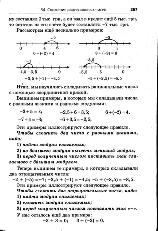 34. Сложение рациональных чисел 267
ку составлял 2 тыс. грн, а он взял в кредит ещё 5 тыс. грн
то остаток на его счёте будет составлять -7 тыс. грн.
Рассмотрим ещё несколько примеров:
Итак, мы научились складывать рациональные числа
с помощью координатной прямой.
Выпишем примеры, в которых мы складывали числа
с разными знаками и разными модулями:
Эти примеры иллюстрируют следующее правило.
Чтобы сложить два числа с разными знаками,
надо:
1) найти модули слагаемых;
2) из большего модуля вычесть меньший м одуль;
3) перед полученным числом поставить знак сла­
гаемого с большим модулем.
Теперь выпишем те примеры, в которых складывали
два отрицательных числа:
-2 + (-5 ) = -7 ; -3 ,5 + (-1 ) = -4 ,5 ; -5 + (-3 ,5 ) = -8 ,5 .
Эти примеры иллюстрируют следующее правило.
Чтобы сложить два отрицательных числа, надо:
1) найти модули слагаемых;
2) сложить модули слагаемых;
3) перед полученным числом поставить знак « - » .
У нас осталось ещё два примера:
-2 -3
+~1 I ■I ►
О 4 6 О 3
3 + (-3) = О6+ (-2) =4
-1 -3,5
-4,5 -3 ,5 О -8,5 -5
-5 + (-3,5) = -8,5
О
-3 ,5 + (-!) = -4,5
-3 + 5 = 2;
-7 + 4 = -3 ;
-2 ,5 + 6 = 3,5; 6 + (-2 ) = 4.
- 6 + 3,5 = -2,5;
-3 + 3 = 0; 3 + (-3 ) = 0.
 