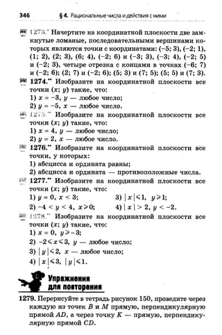346 §4. Рациональныечисла идействия сними
Ш 1273.' Начертите на координатной плоскости две зам­
кнутые ломаные, последовательными вершинами ко­
торых являются точки с координатами: (-5 ; 3), (-2 ; 1),
(1; 2), (2; 3), (6; 4), (-2 ; 6) и (-3 ;3), (-3 ; 4), (-2 ; 5)
и (-2 ; 3), четыре отрезка с концамив точках (-6 ; 7)
и (-2 ; 6); (2; 7) и (-2 ; 6); (5; 3) и (7; 5); (5; 5) и (7; 3).
1274.“ Изобразите на координатной плоскости все
точки (х ; у) такие, что:
1) х = -3 , у — любое число;
2) у = -5 , х — любое число.
*** І 2Ї5 " Изобразите на координатной плоскости все
точки (х; у) такие, что:
1) х = 4, у — любое число;
2) у = 2, х — любое число.
Р® 1276.” Изобразите на координатной плоскости все
точки, у которых:
1) абсцисса и ордината равны;
2) абсцисса и ордината — противоположные числа,
ріг 1277.** Изобразите на координатной плоскости все
точки (х; у) такие, что:
1) у = 0, х < 3; 3) |х |<1, у> 1;
2) -4 < у < 4, х > 0 ; 4) |х |>2, у < -2 .
5 1278,” Изобразите на координатной плоскости все
точки (лс; и) такие, что:
1) х = 0, у > - 3;
2) -2 < х < 3 , у — любое число;
3) |у |< 2, х — любое число;
4) |х |<3, |г/1<1.
* ^ 9 Упражнения
для повторения
1279. Перерисуйте в тетрадь рисунок 150, проведите через
каждую из точек В и М прямую, перпендикулярную
прямой АО, а через точку К — прямую, перпендику­
лярную прямой СИ.
 