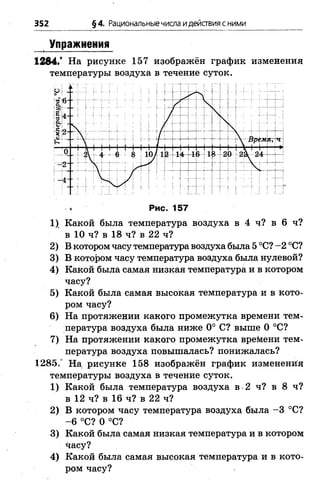 352 §4. Рациональныечисла идействия сними
Упражнения
1284/ На рисунке 157 изображён график изменения
температуры воздуха в течение суток.
■♦ Рис. 157
1) Какой была температура воздуха в 4 ч? в 6 ч?
в 10 ч? в 18 ч? в 22 ч?
2) В котором часу температура воздуха была 5 °С? -2 °С?
3) В котором часу температура воздуха была нулевой?
4) Какой была самая низкая температура и в котором
часу?
5) Какой была самая высокая температура и в кото­
ром часу?
6) На протяжении какого промежутка времени тем­
пература воздуха была ниже 0° С? выше 0 °С?
7) На протяжении какого промежутка времени тем­
пература воздуха повышалась? понижалась?
1285/ На рисунке 158 изображён график изменения
температуры воздуха в течение суток.
1) Какой была температура воздуха в 2 ч? в 8 ч?
в 12 ч? в 16 ч? в 22 ч?
2) В котором часу температура воздуха была -3 °С?
-6 °С? 0 °С?
3) Какой была самая низкая температура и в котором
часу?
4) Какой была самая высокая температура и в кото­
ром часу?
 
