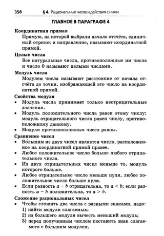 358 §4. Рациональные числа идействия сними
ГЛАВНОЕ В ПАРАГРАФЕ 4
Координатная прямая
Прямую, на которой выбрали начало отсчёта, единич­
ный отрезок и направление, называют координатной
прямой.
Целые числа
Все натуральные числа, противоположные им числа
и число 0 называют целыми числами.
Модуль числа
Модулем числа называют расстояние от начала от­
счёта до точки, изображающей это число на коорди­
натной прямой.
Свойства модуля
• Модуль числа принимает только неотрицательные
значения.
• Модуль положительного числа равен этому числу;
модуль отрицательного числа равен числу, противо­
положному данному.
• Модули противоположных чисел равны.
Сравнение чисел
• Большим из двух чисел является число, расположен­
ное на координатной прямой правее.
• Любое положительное число больше любого отрица­
тельного числа.
• Из двух отрицательных чисел меньше то, модуль
которого больше.
• Любое отрицательное число меньше нуля, любое по­
ложительное число больше нуля.
• Если разность а - Ъотрицательна, то а < Ь; если раз­
ность а - Ь положительна, то а > Ь.
Сложение рациональных чисел
• Чтобы сложить два числа с разными знаками, надо:
1) найти модули слагаемых;
2) из большего модуля вычесть меньший модуль;
3) перед полученным числом поставить знак слагае­
мого с большим модулем.
 