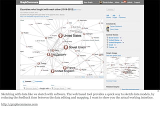 59 
Sketching with data like we sketch with software. The web based tool provides a quick way to sketch data models, by 
reducing the feedback time between the data editing and mapping. I want to show you the actual working interface. 
http://graphcommons.com 
 