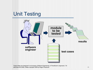 These slides are designed to accompany Software Engineering: A Practitioner’s Approach, 7/e
(McGraw-Hill 2009). Slides copyright 2009 by Roger Pressman. 11
Unit Testing
module
to be
tested
test cases
results
software
engineer
 
