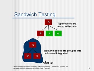 These slides are designed to accompany Software Engineering: A Practitioner’s Approach, 7/e
(McGraw-Hill 2009). Slides copyright 2009 by Roger Pressman. 19
Sandwich Testing
Top modules are
tested with stubs
Worker modules are grouped into
builds and integrated
A
B
C
D E
F G
cluster
 