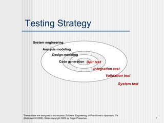 These slides are designed to accompany Software Engineering: A Practitioner’s Approach, 7/e
(McGraw-Hill 2009). Slides copyright 2009 by Roger Pressman. 7
Testing Strategy
System engineering
Analysis modeling
Design modeling
Code generation Unit test
Integration test
Validation test
System test
 