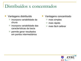 Distribuídos x concentrados
 Vantagens distribuído
 incorpora variabilidade da
chuva
 incorpora variabilidade das
características da bacia
 permite gerar resultados
em pontos intermediários
 Vantagens concentrado
 mais simples
 mais rápido
 mais fácil calibrar
 