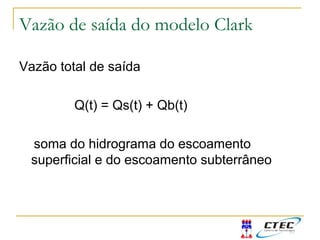 Vazão de saída do modelo Clark
Vazão total de saída
Q(t) = Qs(t) + Qb(t)
soma do hidrograma do escoamento
superficial e do escoamento subterrâneo
 
