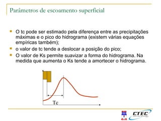 Parâmetros de escoamento superficial
 O tc pode ser estimado pela diferença entre as precipitações
máximas e o pico do hidrograma (existem várias equações
empíricas também);
 o valor de tc tende a deslocar a posição do pico;
 O valor de Ks permite suavizar a forma do hidrograma. Na
medida que aumenta o Ks tende a amortecer o hidrograma.
Tc
 