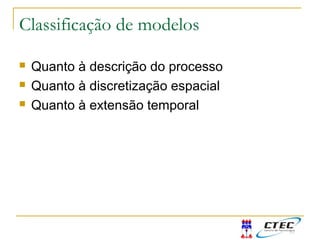 Classificação de modelos
 Quanto à descrição do processo
 Quanto à discretização espacial
 Quanto à extensão temporal
 