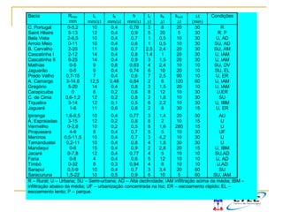 Bacia Rmax
mm
Io
mm/∆t
Ib
mm/∆t
h
mm/∆t
tc
∆t
ks
∆t
ksub
∆t
∆t
(min)
Condições
C. Portugal 0-5,2 10 0,4 0,78 3 8 20 30 R
Saint Hilaire 5-13 12 0,4 0,9 5 20 5 30 R, P
Bela Vista 2-6,5 10 0,4 0,7 1 0,5 10 30 U, AD
Arroio Meio 0-11 10 0,4 0,6 1 0,5 10 30 SU, AD
B. Carvalho 2-25 11 0,6 0,7 2,5 2,4 20 30 SU, AM
Cascatinha I 2-12 14 0,4 0,8 1,4 1 20 30 U, IAM
Cascatinha II 6-25 14 0,4 0,9 3 1,5 20 30 U, IAM
Mathias 0-5 9 0,6 0,63 4 2,4 10 10 SU, DV
Jaguarão 0-5 9 0,4 0,74 6 10 20 10 SU, EL
Prado Velho 0,7-15 7 0,4 0,6 7 2,5 90 10 U, ER
A. Camargo 3-14,6 12,5 0,48 0,84 2 6 120 60 U, IAM
Gregório 5-20 14 0,4 0,8 3 1,5 20 10 U, IAM
Carapicuiba 0 6 0,2 0,6 8 12 10 30 U,ER
C. de Cima 0,6-1,2 12 0,2 0,8 2 1,8 10 30 SU
Tiquatira 3-14 12 0,1 0,5 6 2,2 10 30 U, IBM
Jaguaré 1-6 11 0,6 0,8 2 8 30 15 U, ER
Ipiranga 1,6-9,5 10 0,4 0,77 3 1,4 20 30 AU
Á. Espraiadas 3-15 12 0,2 0,8 6 2 10 15 U
Vermelho 0-2,8 10 0,2 0,5 8 1,6 280 15 U
Pirajussara 4-9 8 0,4 0,7 5 5 10 30 UF
Meninos 0,5-11,5 10 0,4 0,7 3 4,2 10 30 U
Tamanduatei 0,2-11 10 0,4 0,8 4 1,8 30 30 U
Mandaqui 0-8 15 0,4 0,9 2 2,8 20 15 U, IBM
Jacaré 0-7,8 12 0,4 0,77 4 5 10 10 SU,AD
Faria 0-8 4 0,4 0,6 5 12 10 10 U, AD
Timbó 0-32 8 0,3 0,94 4 8 10 10 U,AD
Sarapuí 0,5-9 10 0,4 0,7 3 3,4 20 60 SU
Saracuruna 1,5-22 10 0,5 0,9 6 10 5 60 SU, IAM
R – Rural; U – Urbana; SU – Semi-urbana; AD – Alta declividade; IAM infiltração acima da média; IBM –
infiltração abaixo da média; UF – urbanização concentrada na foz; ER – escoamento rápido; EL –
escoamento lento; P – parque.
 