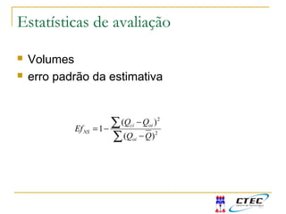 Estatísticas de avaliação
 Volumes
 erro padrão da estimativa
∑
∑
−
−
−= 2
2
)(
)(
1
QQ
QQ
Ef
oi
oici
NS
 