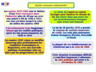 Quelle croissance industrielle?
LesLes années 1835-1860années 1835-1860 sont le théâtresont le théâtre
d'uned'une forte croissance dansforte croissance dans
l'industriel'industrie: plus de 4% par an, avec: plus de 4% par an, avec
une pointe à 6% de 1846 à 1851.une pointe à 6% de 1846 à 1851.
Les taux reculent jusqu'à la criseLes taux reculent jusqu'à la crise
du milieu des années 1860du milieu des années 1860
L'investissement resteL'investissement reste longtempslongtemps
bloquébloqué par les conflits politiques,par les conflits politiques,
après les lois proteccionnistes deaprès les lois proteccionnistes de
1820 et 18341820 et 1834
Les années 1850 voient se modifierLes années 1850 voient se modifier
beaucoup plus profondément lesbeaucoup plus profondément les
conditions économiques etconditions économiques et
financières, avec une nouvellefinancières, avec une nouvelle
politique économique mise enpolitique économique mise en
place par les progressistes en 1854place par les progressistes en 1854
Le choix de l'Le choix de l'aappel au capitalppel au capital
étranger pour financer le chemin deétranger pour financer le chemin de
ferfer fait entrer dans une autre ère.fait entrer dans une autre ère.
Les investissements étrangersLes investissements étrangers
sont avant tout françaissont avant tout français
La loi du 28 janvierLa loi du 28 janvier 18561856 a permisa permis
lala création de sociétés anonymescréation de sociétés anonymes
de créditde crédit. Les trois plus puissantes. Les trois plus puissantes
étaient étrangères (Pereire, Rotschildétaient étrangères (Pereire, Rotschild
et Prost)et Prost)
La plupart de ces établissements neLa plupart de ces établissements ne
résistèrent pas à larésistèrent pas à la crise de 1866crise de 1866
Cette situation économique difficileCette situation économique difficile
a contribué largement à alimentera contribué largement à alimenter
lala crise politiquecrise politique qui mène à laqui mène à la
révolution de 1868révolution de 1868
 