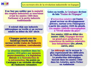 Les secteurs-clés de la révolution industrielle en Espagne
Il ne faut pas oublier queIl ne faut pas oublier que la majoritéla majorité
des emplois industriels se trouvaientdes emplois industriels se trouvaient
avant les années 1880 dansavant les années 1880 dans
l'artisanat et la petite industriel'artisanat et la petite industrie
traditionnelletraditionnelle
Il existait déjà une industrieIl existait déjà une industrie
sidérurgique ou textile et un secteursidérurgique ou textile et un secteur
minier au début du XIXminier au début du XIXee
sièclesiècle
L'Espagne partait avec desL'Espagne partait avec des
handicaps lourds dans lehandicaps lourds dans le
secteur textile (secteur textile (ruine de l'industrieruine de l'industrie
cotonnière catalane, contrebandecotonnière catalane, contrebande))
La situation s'améliore dans lesLa situation s'améliore dans les
années 1830 grâce auxannées 1830 grâce aux mesuresmesures
proteccionnistesproteccionnistes, à la, à la législationlégislation
libéralelibérale et à l'et à l'introduction deintroduction de
la mécanisation.la mécanisation. On assiste enOn assiste en
Catalogne à un véritable décollageCatalogne à un véritable décollage
de l'industrie cotonnièrede l'industrie cotonnière
Grâce au textile,Grâce au textile, la Catalognela Catalogne devientdevient
de loinde loin “l'usine de l'Espagne”“l'usine de l'Espagne”
L'L'extraction minièreextraction minière est l'autreest l'autre
grand secteur en développementgrand secteur en développement
précoce, surtout avec l'émergenceprécoce, surtout avec l'émergence
à partir des années 1820 du plomb.à partir des années 1820 du plomb.
Les années 1840-60 correspondentLes années 1840-60 correspondent
à “l'éveil minier du pays”à “l'éveil minier du pays”
Des années 1860 au début desDes années 1860 au début des
années 1880,années 1880, l'Espagne devientl'Espagne devient
un grand pays producteur etun grand pays producteur et
exportateur de matières minéralesexportateur de matières minérales
non énérgétiquesnon énérgétiques ((fer, plomb,fer, plomb,
cuivre, zinccuivre, zinc))
LaLa sidérurgiesidérurgie est le secteur leest le secteur le
plus représentatif des difficultésplus représentatif des difficultés
de l'industrialisation espagnole.de l'industrialisation espagnole.
La production sidérurgiqueLa production sidérurgique
bascule dans les années 1860bascule dans les années 1860
dans les Asturies, après l'échecdans les Asturies, après l'échec
en Andalousieen Andalousie
 