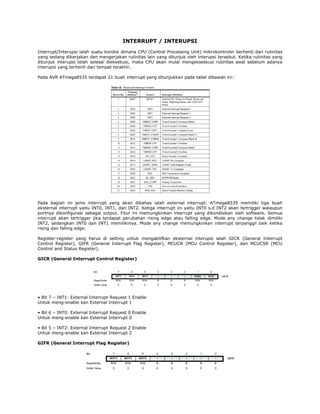 INTERRUPT / INTERUPSI
Interrupt/Interupsi ialah suatu kondisi dimana CPU (Central Processing Unit) mikrokontroler berhenti dari rutinitas
yang sedang dikerjakan dan mengerjakan rutinitas lain yang ditunjuk oleh interupsi tersebut. Ketika rutinitas yang
ditunjuk interupsi telah selesai dieksekusi, maka CPU akan mulai mengekseskusi rutinitas awal sebelum adanya
interupsi yang terhenti dari tempat terakhir.
Pada AVR ATmega8535 terdapat 21 buah interrupt yang ditunjukkan pada tabel dibawah ini:

Pada bagian ini jenis interrupt yang akan dibahas ialah external interrupt. ATmega8535 memiliki tiga buah
eksternal interrupt yaitu INT0, INT1, dan INT2. Ketiga interrupt ini yaitu INT0 s.d INT2 akan tertrigger walaupun
portnya dikonfigurasi sebagai output. Fitur ini memungkinkan interrupt yang dikondisikan oleh software. Semua
interrupt akan tertrigger jika terdapat perubahan rising edge atau falling edge. Mode any change tidak dimiliki
INT2, sedangkan INT0 dan INT1 memilikinya. Mode any change memungkinkan interrupt terpanggil baik ketika
rising dan falling edge.
Register-register yang harus di setting untuk mengaktifkan eksternal interupsi ialah GICR (General Interrupt
Control Register), GIFR (General Interrupt Flag Register), MCUCR (MCU Control Register), dan MCUCSR (MCU
Control and Status Register).
GICR (General Interrupt Control Register)

• Bit 7 – INT1: External Interrupt Request 1 Enable
Untuk meng-enable kan External Interrupt 1
• Bit 6 – INT0: External Interrupt Request 0 Enable
Untuk meng-enable kan External Interrupt 0
• Bit 5 – INT2: External Interrupt Request 2 Enable
Untuk meng-enable kan External Interrupt 2
GIFR (General Interrupt Flag Register)

 