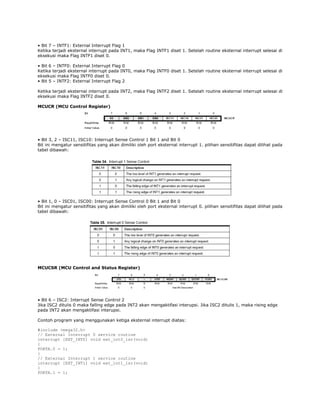 • Bit 7 – INTF1: External Interrupt Flag 1
Ketika terjadi eksternal interrupt pada INT1, maka Flag INTF1 diset 1. Setelah routine eksternal interrupt selesai di
eksekusi maka Flag INTF1 diset 0.
• Bit 6 – INTF0: External Interrupt Flag 0
Ketika terjadi eksternal interrupt pada INT0, maka Flag INTF0 diset 1. Setelah routine eksternal interrupt selesai di
eksekusi maka Flag INTF0 diset 0.
• Bit 5 – INTF2: External Interrupt Flag 2
Ketika terjadi eksternal interrupt pada INT2, maka Flag INTF2 diset 1. Setelah routine eksternal interrupt selesai di
eksekusi maka Flag INTF2 diset 0.
MCUCR (MCU Control Register)

• Bit 3, 2 – ISC11, ISC10: Interrupt Sense Control 1 Bit 1 and Bit 0
Bit ini mengatur sensitifitas yang akan dimiliki oleh port eksternal interrupt 1. pilihan sensitifitas dapat dilihat pada
tabel dibawah:

• Bit 1, 0 – ISC01, ISC00: Interrupt Sense Control 0 Bit 1 and Bit 0
Bit ini mengatur sensitifitas yang akan dimiliki oleh port eksternal interrupt 0. pilihan sensitifitas dapat dilihat pada
tabel dibawah:

MCUCSR (MCU Control and Status Register)

• Bit 6 – ISC2: Interrupt Sense Control 2
Jika ISC2 ditulis 0 maka falling edge pada INT2 akan mengaktifasi interupsi. Jika ISC2 ditulis 1, maka rising edge
pada INT2 akan mengaktifasi interupsi.
Contoh program yang menggunakan ketiga eksternal interrupt diatas:
#include <mega32.h>
// External Interrupt 0 service routine
interrupt [EXT_INT0] void ext_int0_isr(void)
{
PORTA.0 = 1;
}
// External Interrupt 1 service routine
interrupt [EXT_INT1] void ext_int1_isr(void)
{
PORTA.1 = 1;

 