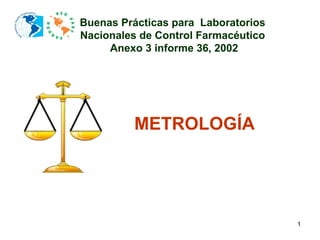 1
METROLOGÍA
Buenas Prácticas para Laboratorios
Nacionales de Control Farmacéutico
Anexo 3 informe 36, 2002
 