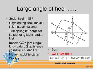 Large angle of heel …..
• Sudut heel > 15 O
• Gaya apung tidak melalui
  titik metasentra awal
• Titik apung B1 bergeser
  ke sisi yang lebih rendah
  lagi
• Bahwa GZ = jarak tegak
  lurus antara 2 garis gaya
  yg melalui G dan B1.        • But..
• Momen stabilits statis =    • GZ ≠ GM sin 
  W x GZ
                                  Wall-sided formula
 
