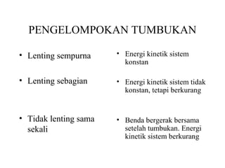 PENGELOMPOKAN TUMBUKAN
• Lenting sempurna
• Lenting sebagian
• Tidak lenting sama
sekali
• Energi kinetik sistem
konstan
• Energi kinetik sistem tidak
konstan, tetapi berkurang
• Benda bergerak bersama
setelah tumbukan. Energi
kinetik sistem berkurang
 