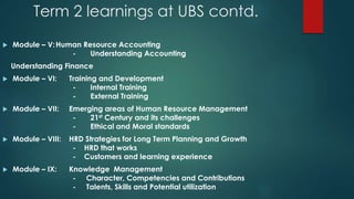 Term 2 learnings at UBS contd.
 Module – V:Human Resource Accounting
- Understanding Accounting
Understanding Finance
 M...