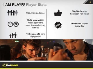 4
I AM PLAYR/ Player Stats
                                    300,000 fans on
            95% male audience     Facebook Fan Page


             30-34 year old UK
              males spend the     20,000 new players
            most time and money       every day
                   with us


            16-34 year-old core
                age groups
 