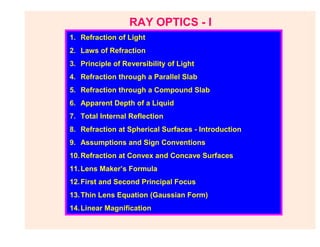 RAY OPTICS - I
1. Refraction of Light
2. Laws of Refraction
3. Principle of Reversibility of Light
4. Refraction through a Parallel Slab
5. Refraction through a Compound Slab
6. Apparent Depth of a Liquid
7. Total Internal Reflection
8. Refraction at Spherical Surfaces - Introduction
9. Assumptions and Sign Conventions
10. Refraction at Convex and Concave Surfaces
11. Lens Maker’s Formula
12. First and Second Principal Focus
13. Thin Lens Equation (Gaussian Form)
14. Linear Magnification
 