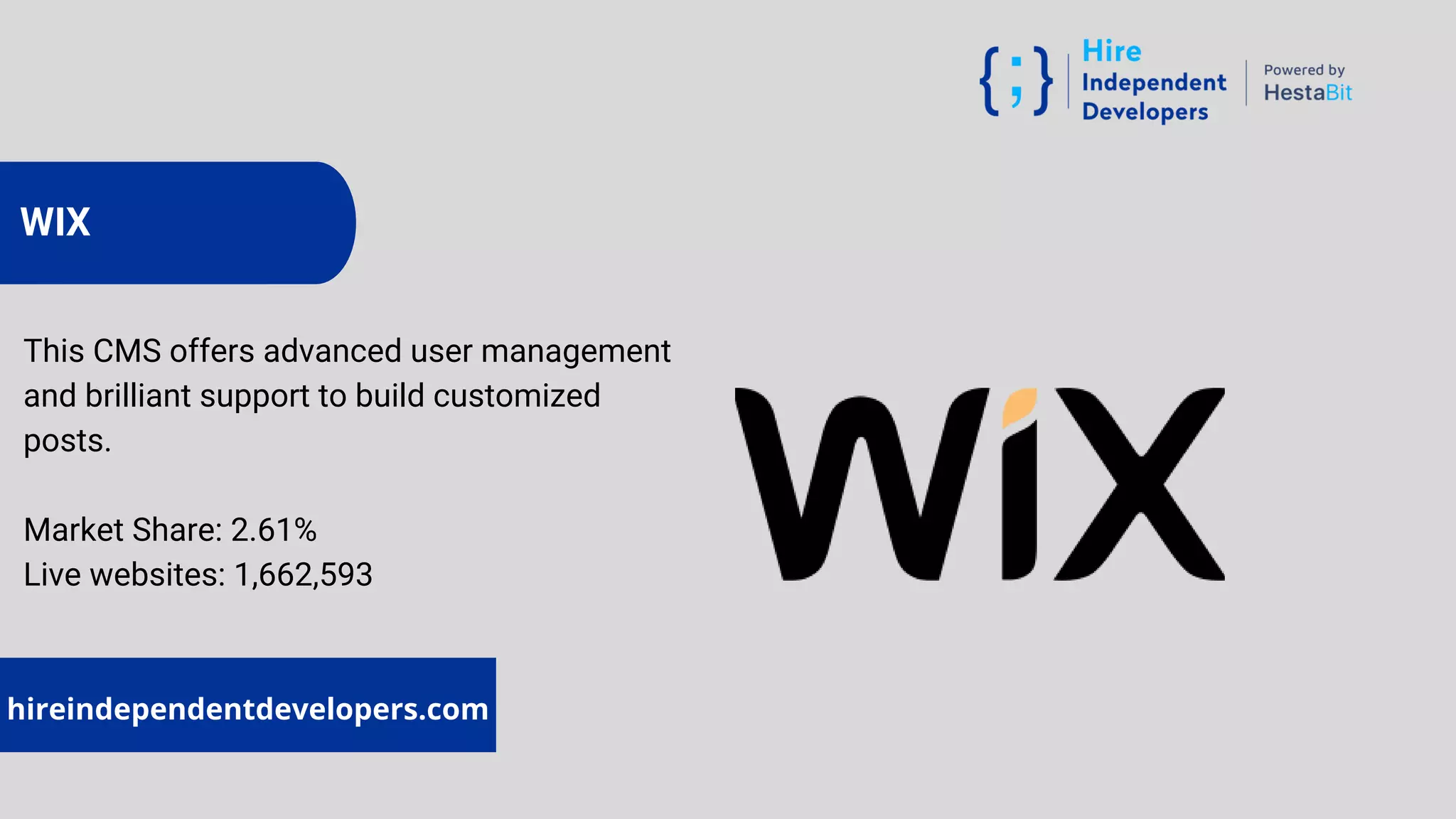 www.hestabit.com
hireindependentdevelopers.com
WIX
This CMS offers advanced user management
and brilliant support to build customized
posts.
Market Share: 2.61%
Live websites: 1,662,593
 