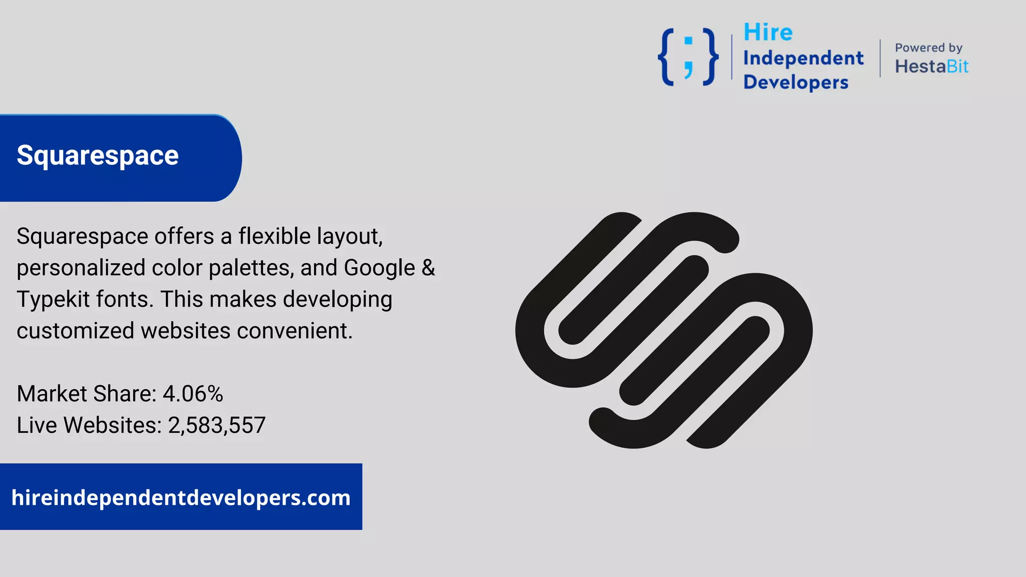 www.hestabit.com
PicMonkey
Squarespace offers a flexible layout,
personalized color palettes, and Google &
Typekit fonts. This makes developing
customized websites convenient.
Market Share: 4.06%
Live Websites: 2,583,557
hireindependentdevelopers.com
Squarespace
 