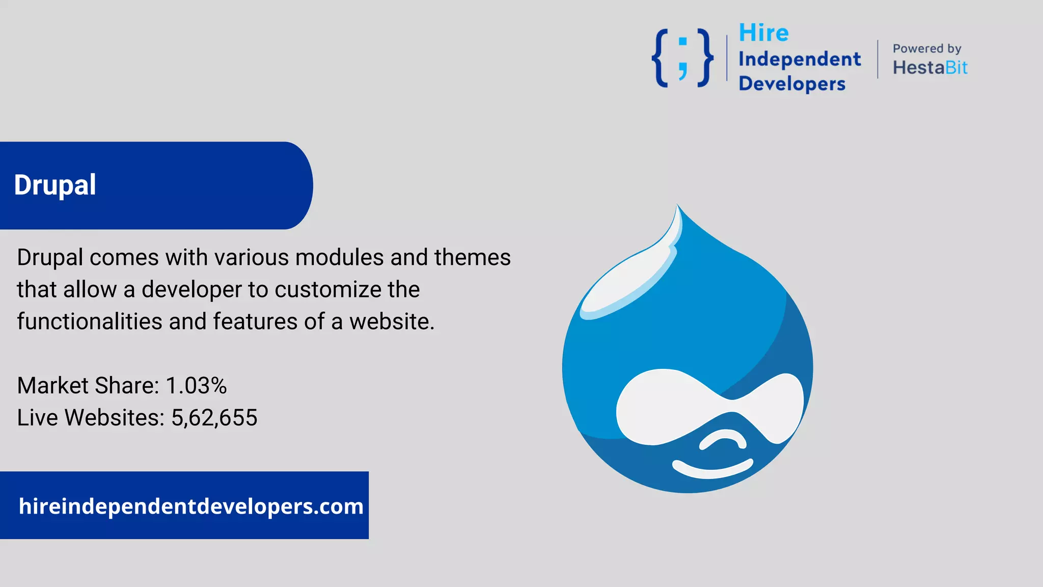 www.hestabit.com
Drupal comes with various modules and themes
that allow a developer to customize the
functionalities and features of a website.
Market Share: 1.03%
Live Websites: 5,62,655
Drupal
hireindependentdevelopers.com
 
