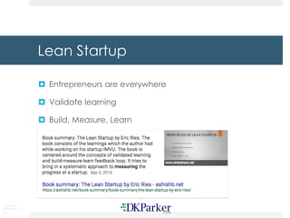 Copyright
DKParker, LLC
2015
Lean Startup
¤ Entrepreneurs are everywhere
¤ Validate learning
¤ Build, Measure, Learn
 