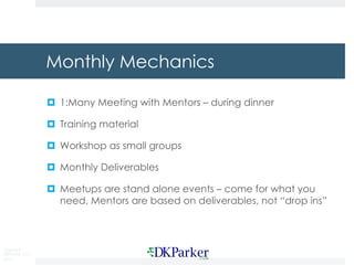 Copyright
DKParker, LLC
2015
Monthly Mechanics
¤ 1:Many Meeting with Mentors – during dinner
¤ Training material
¤ Workshop as small groups
¤ Monthly Deliverables
¤ Meetups are stand alone events – come for what you
need, Mentors are based on deliverables, not “drop ins”
 