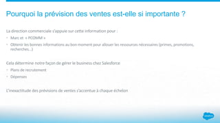 Pourquoi la prévision des ventes est-elle si importante ?
La direction commerciale s’appuie sur cette information pour :
• Marc et « PCOMM »
• Obtenir les bonnes informations au bon moment pour allouer les ressources nécessaires (primes, promotions,
recherches…)
Cela détermine notre façon de gérer le business chez Salesforce
• Plans de recrutement
• Dépenses
L’inexactitude des prévisions de ventes s’accentue à chaque échelon
 