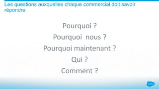 Les questions auxquelles chaque commercial doit savoir
répondre
Pourquoi ?
Pourquoi nous ?
Pourquoi maintenant ?
Qui ?
Comment ?
 