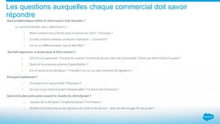 Les questions auxquelles chaque commercial doit savoir
répondre
Quel problématique métier le client essai-t-il de résoudre ?
Le commercial doit, donc, déterminer si :
1. Notre solutionest la bonne pour le besoin du client – Pourquoi ?
2. Si notre solutionadresse un besoin important – Comment?
3. A-t-on un différentiateur clair et identifié ?
Qui doit approuver ce projet pour le faire avancer ?
1. Ont-ils tout approuvé ? Contrat de Licence, Contrat de Service, Bon de Commande ? Sinon qui doit le faire et quand ?
2. Quel est le processus interne d’approbation ?
3. A-t-on accès à ces décideurs ? Travaille-t-on sur un plan communde signature ?
Pourquoi maintenant ?
1. Ce projet est-il une priorité ? Pourquoi ?
2. Qu’est-ce qui rend ce projet indispensable ? Le client est-il d’accord ?
Quel est le plan prévu pour assurer la réussite du client/projet ?
1. Soutien de la direction ? Implémentation? Formation?
2. Quelle est la date prévue de signature du Contrat de Service – date de démarrage /fin du projet ?
 