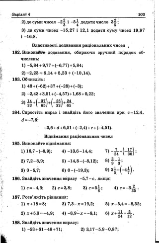 Варіант 4 103
2) до суми чисел -2-| і - 5-7 додати число 3-§;
3 4 5
3) до суми чисел -15,27 і 12,1 додати суму чисел 19,97
і -16,8.
Властивості додавання раціональних чисел ,
182. Виконайте додавання, обираючи зручний порядок об­
числень:
1) -5,84+ 9,77+ (-6,77)+ 5,84;
2)-2,23 4-6,14 + 8,23 + (-10,14).
183. Обчисліть:
1) 48+ (-62)+37 +(-28)+ (-3);
2) -2,43+ 3,51+ (-4,57)+ 1,68+ 0,22;
3> й +( - § И - § ) +і -
184. Спростіть вираз і знайдіть його значення при с = 12,4,
d = -7,6:
-3,6 +d +6,51+(-2,4) + c+(-4,51).
Віднімання раціональних чисел
185. Виконайте віднімання:
1) 16,7-(-8,9); 4)-13,6-14,4; 7) - Х _ ( _ 1 і ) ;
2) 7,2-8,9; 5) -14,8-(-8,12); 8) | - І ;
3) 0-5,7; 6) 0 —(—19,3); 9 ) З І - ( - 4 І ) .
186. Знайдіть значення виразу -5,7 -с , якщо:
1) с = -4,3; 2)с =3,8; 3) с = 5±; 4 )с = - 3 ^ .
О оО
187. Розв’яжіть рівняння:
1) де+18 = 8; 3) 7,3-* =19,2; 5) * -5 ,4 =-8,32;
2) * + 5,3 =-4,9; 4) -8 ,9 -х = -8,1; 6) * +^ =
188. Знайдіть значення виразу:
1) -53+ 61-48 +71; 2) 3,17-5,9-0,87;
 