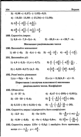 104 Вправи
3) -0,96 +(-5,37) - (-1,02) +6,3;
4) -19,23 -15,88 - (-21,34) +(-11,08);
5> в 7 + (~ 2і ) " Н м : ) і
б > 2| + К ) - ( - 2 і ) - і І •
189. Спростіть вираз:
1) 9,8 +й-7,9+3,4-А ; 2) -38,8 + тп-га + 28,7-/М.
Множення раціональних чисел
190. Виконайте множення:
1) 48 •(-6); 2) -8,4 •(-4); 3) - 4 І •21 ; 4) - 4 | • (-1 ± ).
191. Виконайте дії:
1) 4,8•(-3,2)-11,4• (-0,7); 3) ± • ( _ 2 |) - ( - 4 |) --Ц ; ,
2) (—6,23-н6,17)• (4,2—6); 4) ^ з |- 4 ± ) •(з |-0 ,5 б ) .
192. Розв’яжіть рівняння:
1) (* + 6)(ж - 3) = 0; 2) * (х + 3,5)(4,8 - х) - 0.
Переставна і сполучна властивості множення
раціональних чисел. Коефіцієнт
193. Обчисліть:
1 )-8 -3 7 -5 ; 4)-8,47-5-(-200)-(-0,001);
2) -25 •23 •(-0,4); 5) | • (- А ) .( - і і ) .(- 28);
3) 0,125• (-8)•(-0,25)• (—4); 6) -X - ( - ^ ) - (-26).
194. Спростіть вираз і підкресліть його коефіцієнт:
1) -2,3• 4с; 3) -5а-3,6&; 5) - ^ . 2.(-т ).Х ;
2)-0,96-(-0,6); 4) -8*-(-0,5у)-0,6/п; 6) 2|лг • (-|± п ).
195. Спростіть вираз 125* •(-0,8у) і знайдіть його значення,
1 оЗ
 