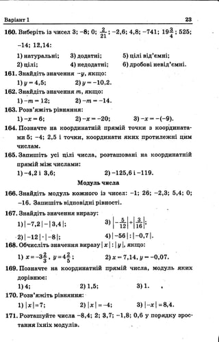 Варіант 1 23
160. Виберіть із чисел 3; - 8; 0; ; -2,6; 4,8; -741; 1 9 -|; 525;
-14; 12,14:
1) натуральні; 3) додатні; 5) цілі від’ємні;
2) цілі; 4)недодатні; 6) дробові невід’ємні.
161. Знайдіть значення -у, якщо:
1) і/= 4,5; 2) у = -10,2.
162. Знайдіть значення т, якщо:
1) -т —12; 2 ) - т = -14.
163. Розв’яжіть рівняння:
1) - х = 6; 2) - х = -20; 3) -л: = -(-9 ).
164. Позначте на координатній прямій точки з координата­
ми 5; -4; 2,5 і точки, координати яких протилежні цим
числам.
165. Запишіть усі цілі числа, розташовані на координатній
прямій між числами:
1)-4,2 і 3,6; 2)-125,6 і -119.
Модуль числа
166. Знайдіть модуль кожного із чисел: -1; 26; -2,3; 5,4; 0;
-16. Запишіть відповідні рівності.
167. Знайдіть значення виразу:
1 ) |- 7 ,2 |- | 3 ,4 1; 3)
5 -ф- 3 .
12 16
>
- 5 6 :|
І
о
-2) | - 121_*|-8 |;
168. Обчисліть значення виразу | х : | у |, якщо:
1) * = -3 |> У= 2) * = 7,14, у = -0,07.
169. Позначте на координатній прямій числа, модуль яких
дорівнює:
1)4; 2)1,5; 3)1. .
170. Розв’яжіть рівняння:
1) |ж| =7; 2) |де| =-4; 3)|-дс|=8,4.
171. Розташуйте числа -8,4; 2; 3,7; -1,8; 0,6 у порядку зрос­
тання їхніх модулів.
 